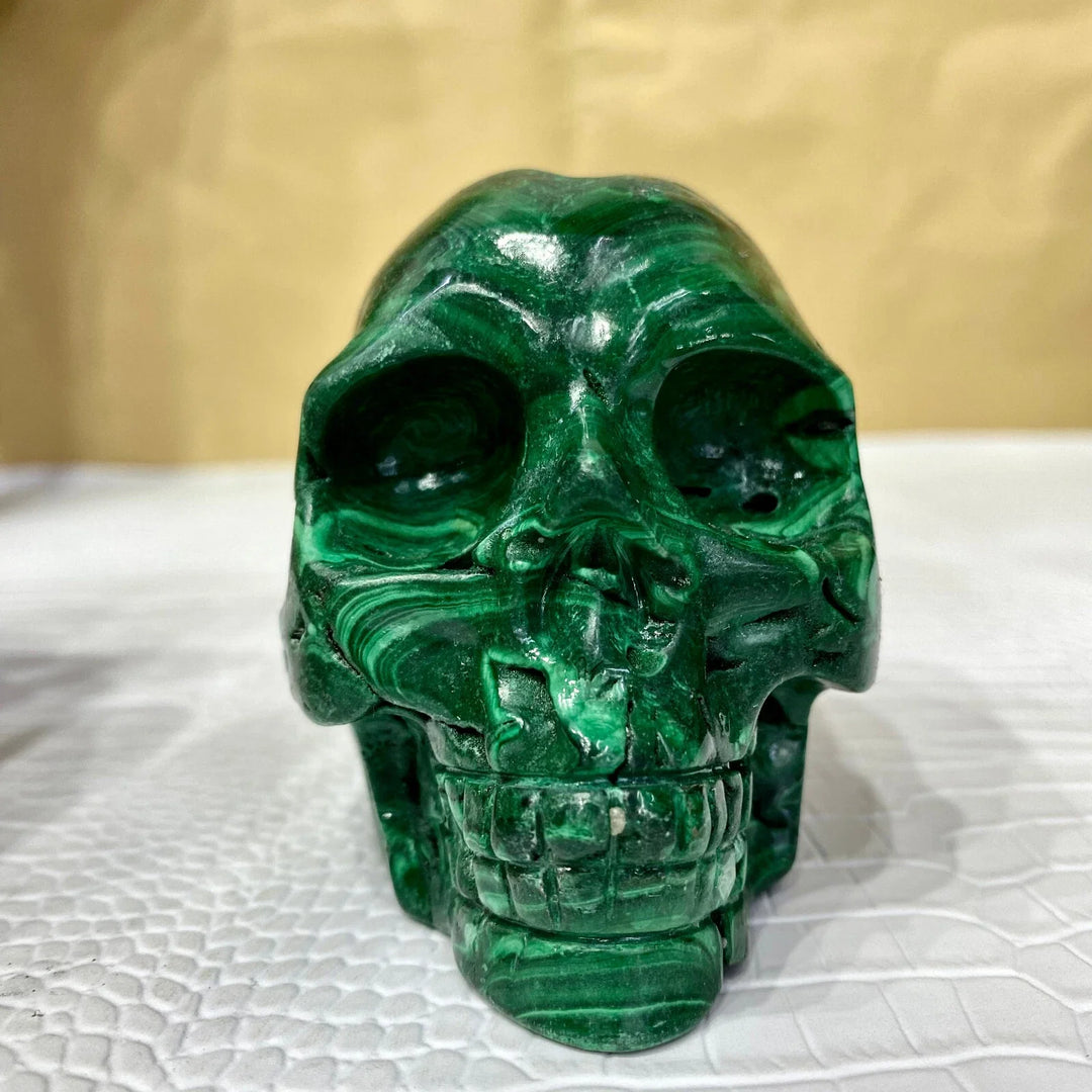 Malachite Crystal Carved Skull with Natural Green Banding