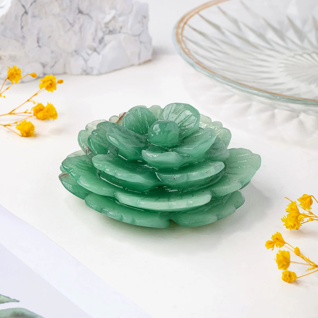 Green Aventurine Crystal Carved Peony Flower