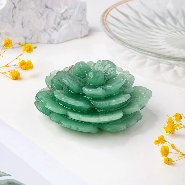 Green Aventurine Crystal Carved Peony Flower