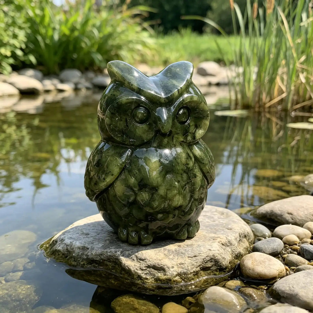 Serpentine Crystal Carved Owl Figurine