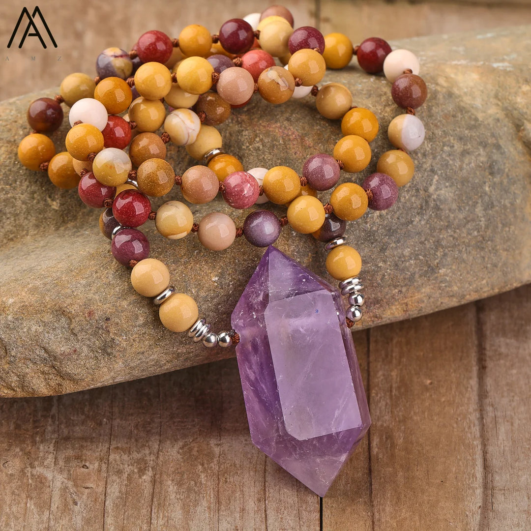 Crystal Quartz, Citrine or Amethyst 108 Mala Bead Pendant Necklace