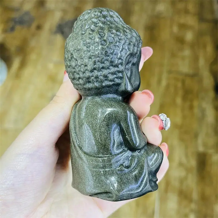 Golden Obsidian Crystal Carved Seated Buddha Statue