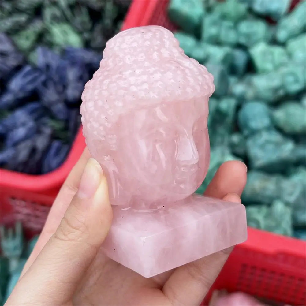 Rose Quartz Crystal Carved Buddha Head Statue Figure