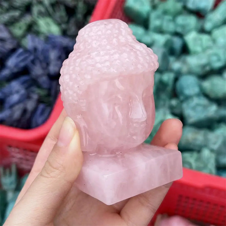 Rose Quartz Crystal Carved Buddha Head Statue Figure