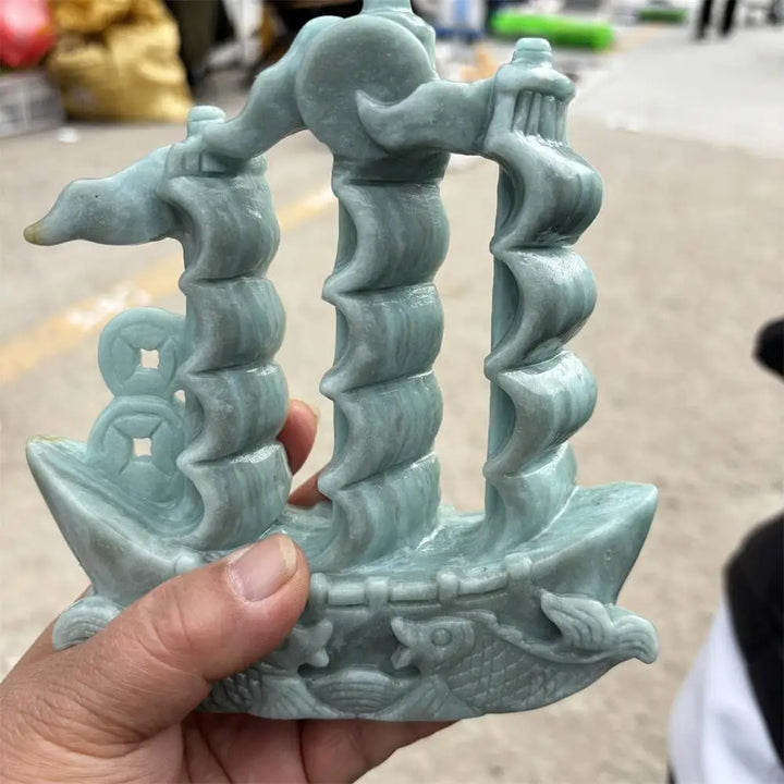 Green Jade Crystal Carved Sailboat Statue For Prosperity
