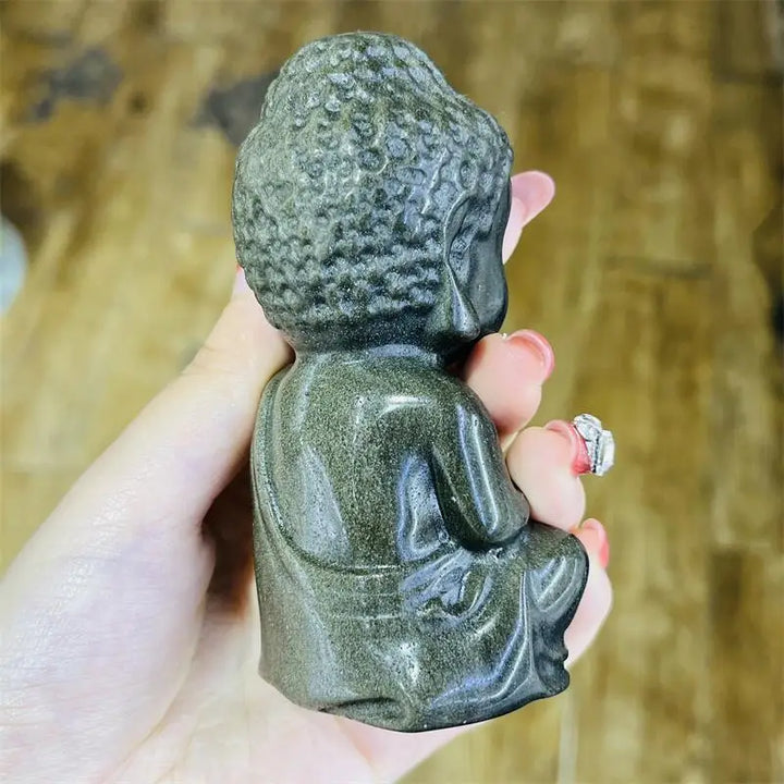 Golden Obsidian Crystal Carved Seated Buddha Statue
