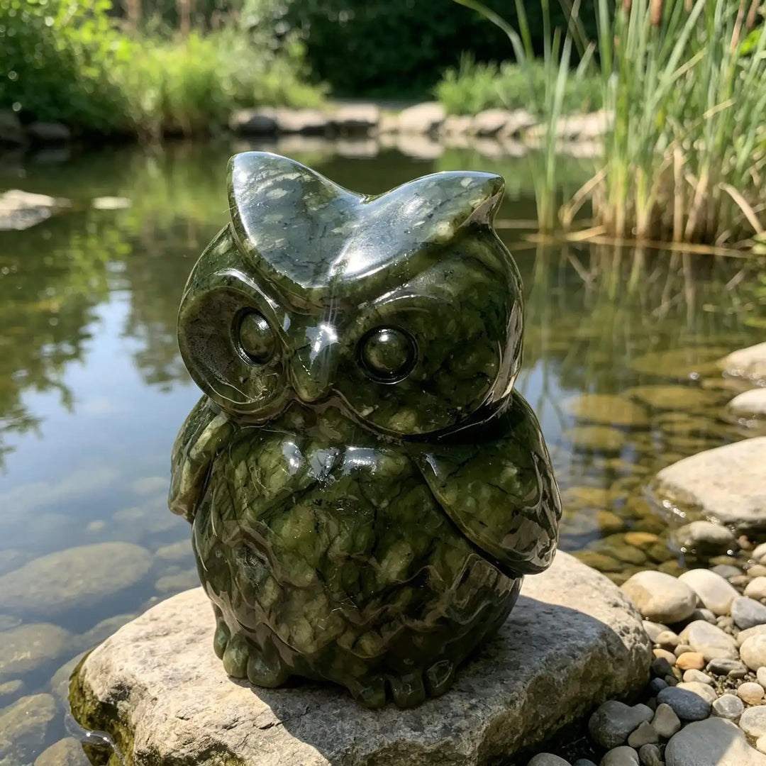 Serpentine Crystal Carved Owl Figurine