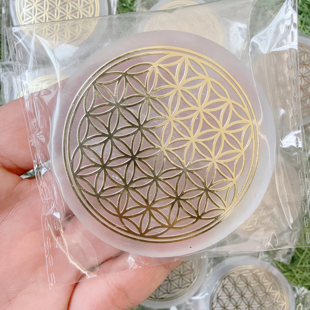 Selenite Flower of Life Crystal Charging Plate Slab