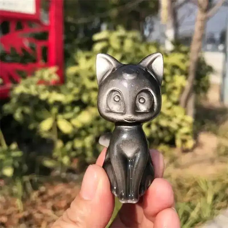 Silver Obsidian Cat Carving