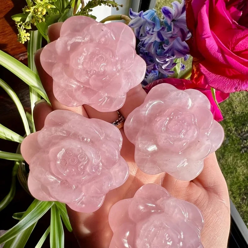 Rose Quartz Crystal Carved Peony Flower Sculptures