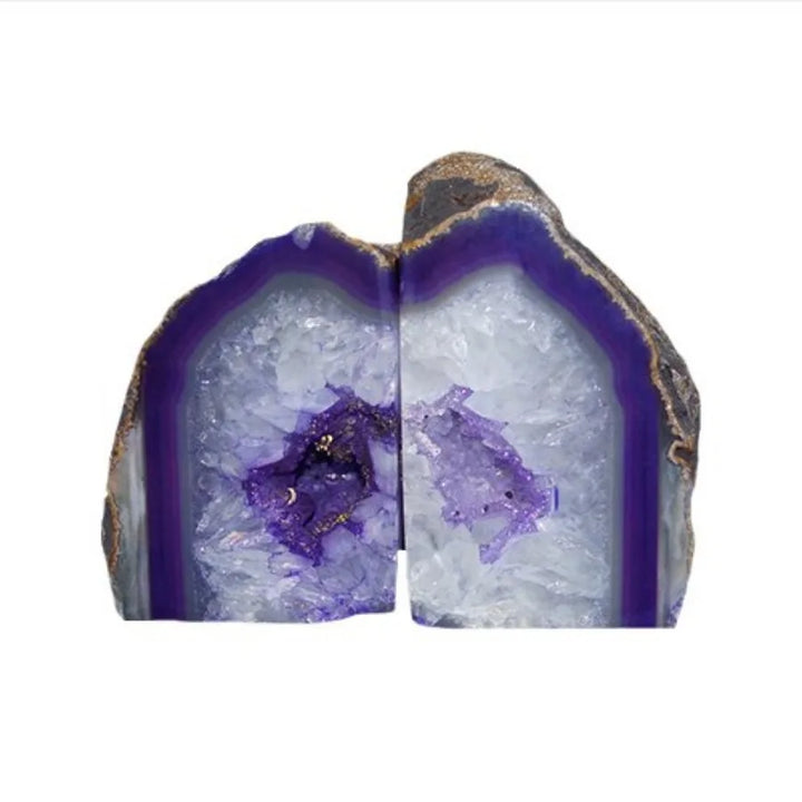 Agate Crystal Polished Geode Slice Bookends with Rubber Base