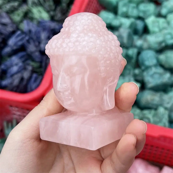 Rose Quartz Crystal Carved Buddha Head Statue Figure