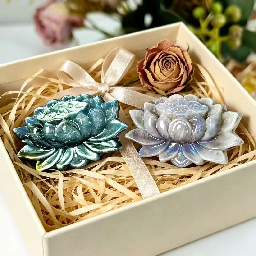 Moonstone and Labradorite Crystal Carved Lotus Flower