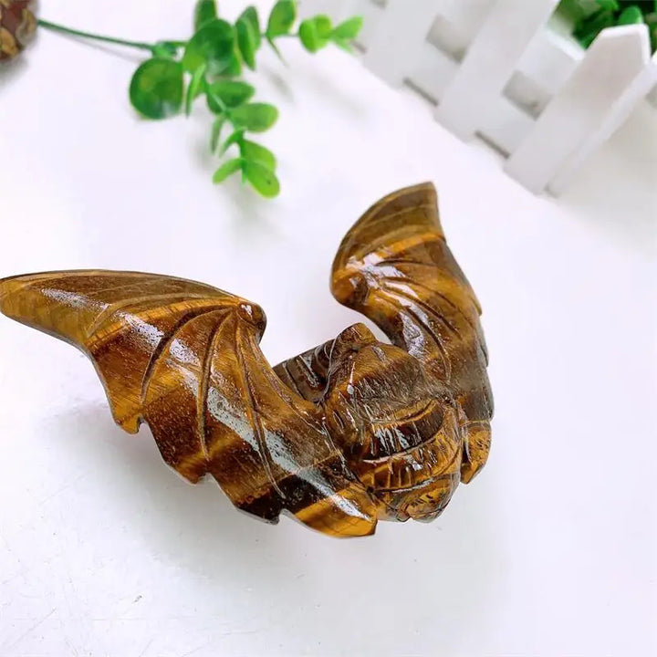 Tiger Eye Crystal Carved Spinning Bat with Pyramid Sculpture