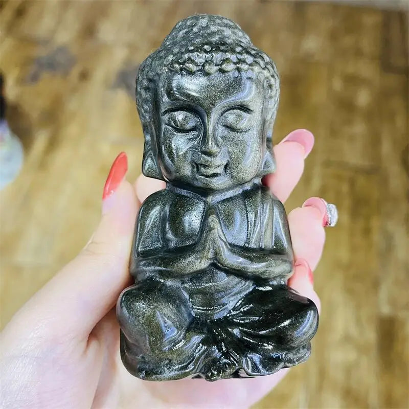 Golden Obsidian Crystal Carved Seated Buddha Statue