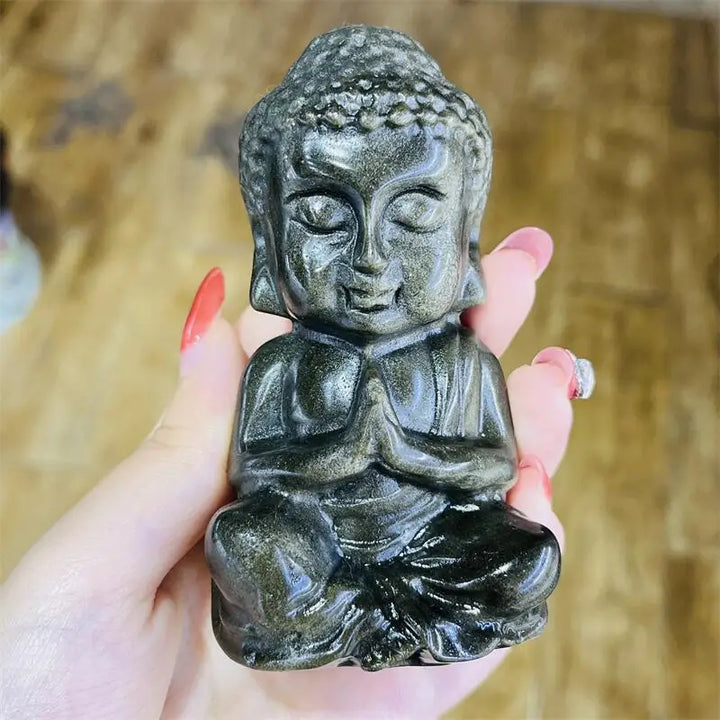 Golden Obsidian Crystal Carved Seated Buddha Statue