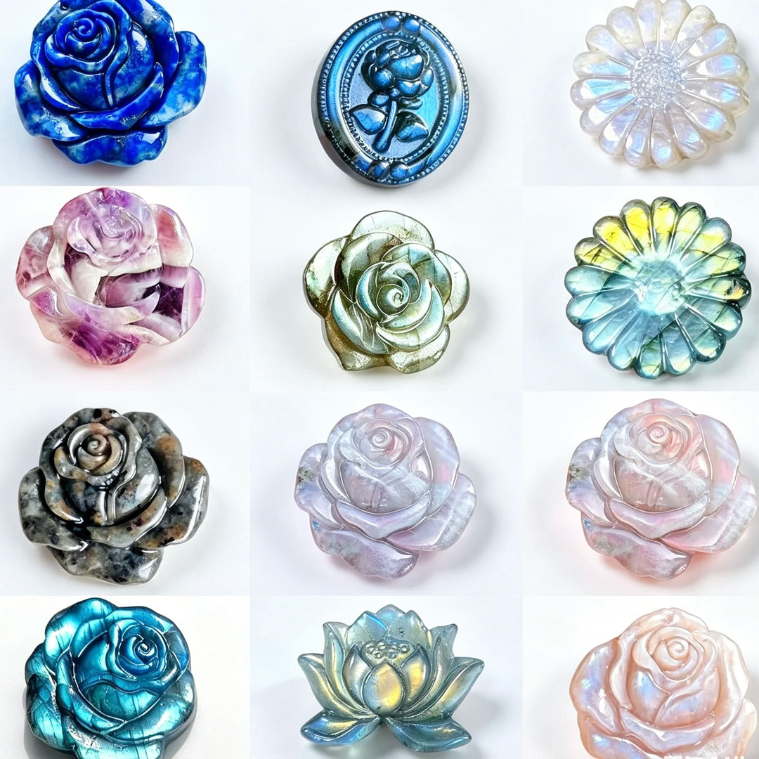 Crystal Carved Flower Sculptures in Multiple Stones