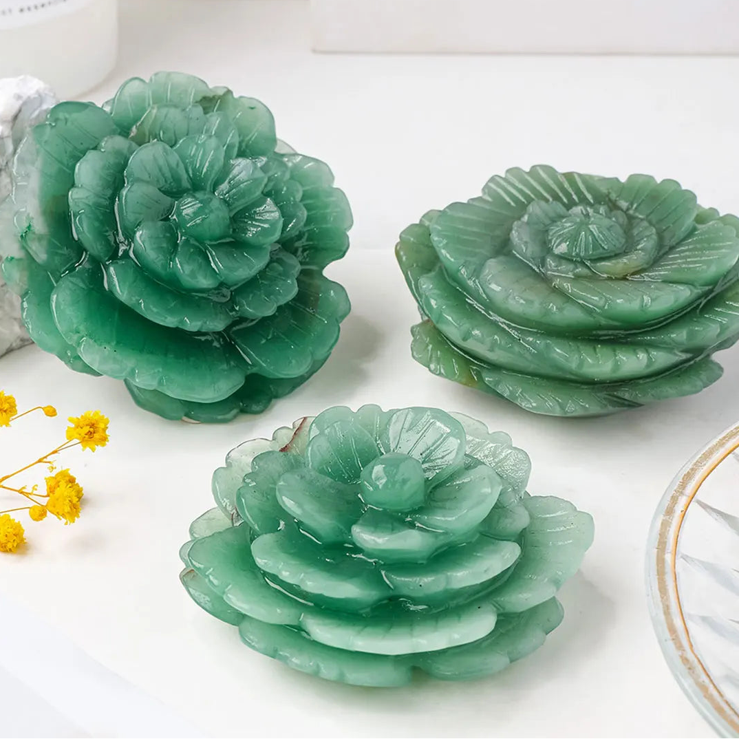 Green Aventurine Crystal Carved Peony Flower
