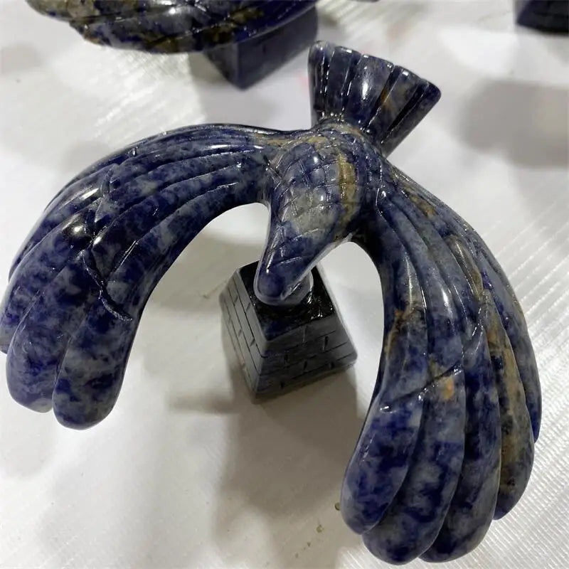 Sodalite Crystal Carved Rotating Balanced on Pyramid Eagle Statue