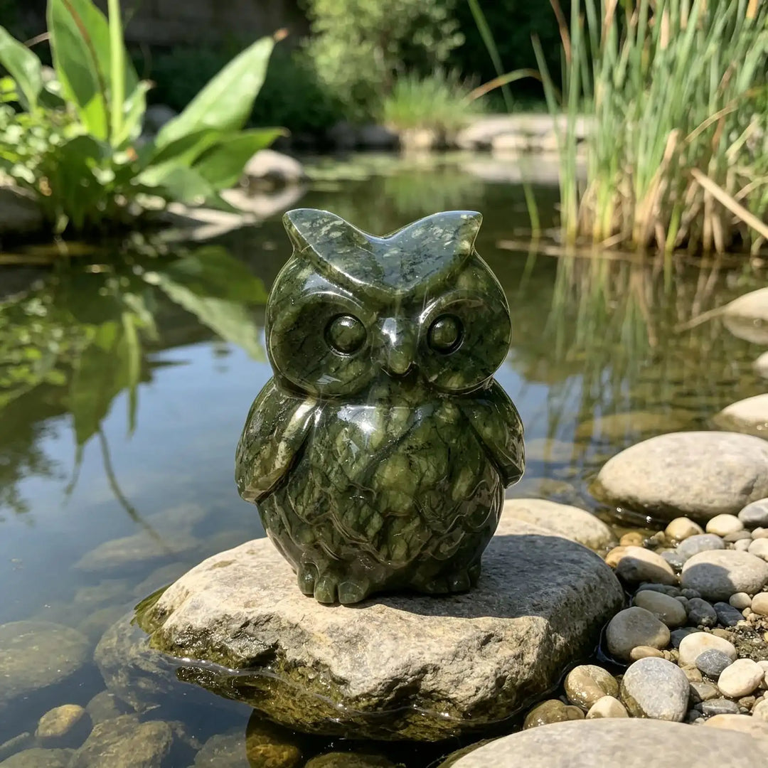 Serpentine Crystal Carved Owl Figurine