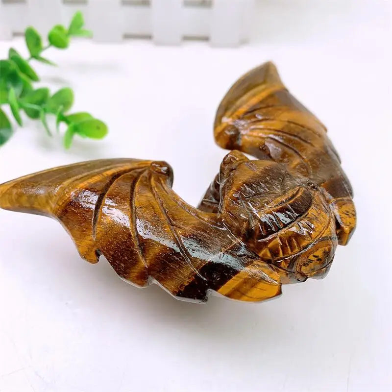 Tiger Eye Crystal Carved Spinning Bat with Pyramid Sculpture