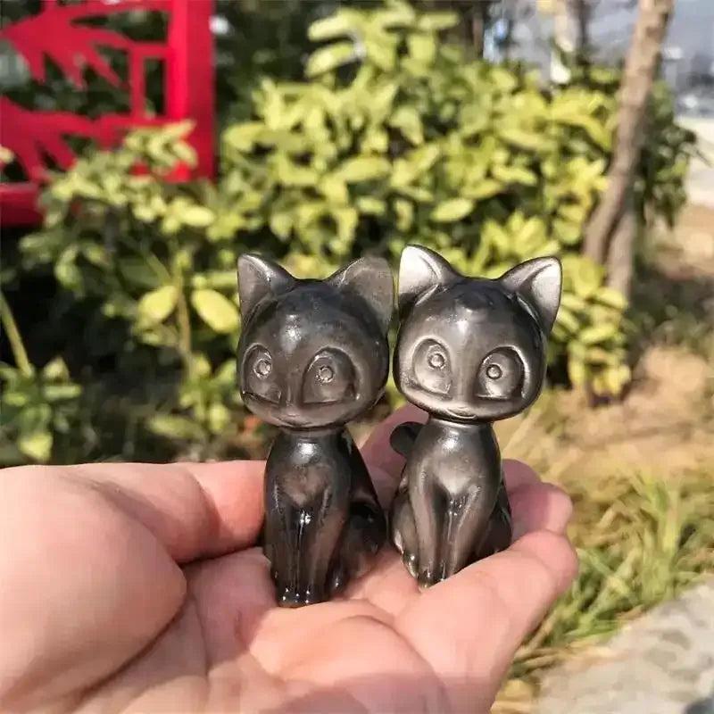 Silver Obsidian Cat Carving