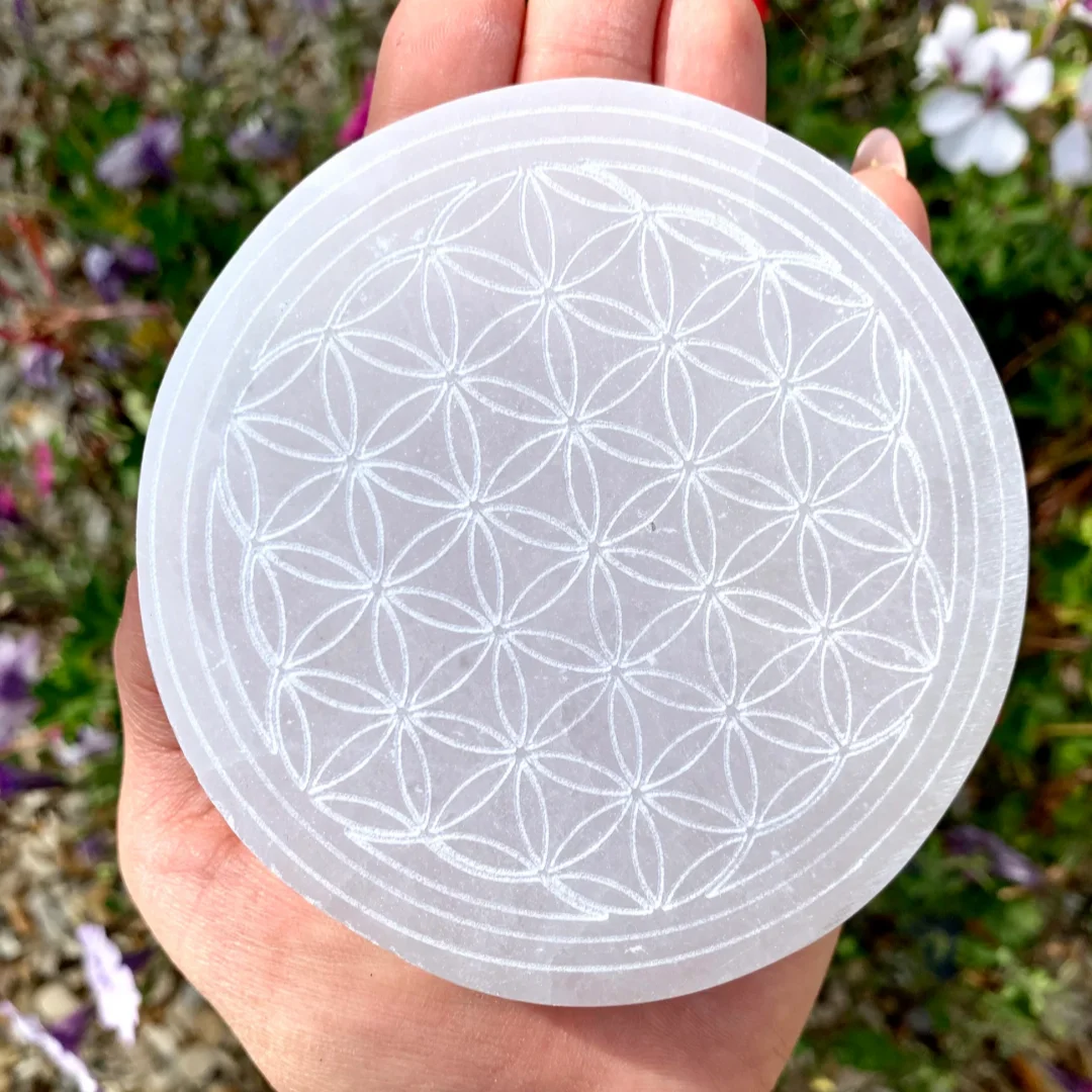 Selenite Crystal Carved Flower of Life Charging Plate