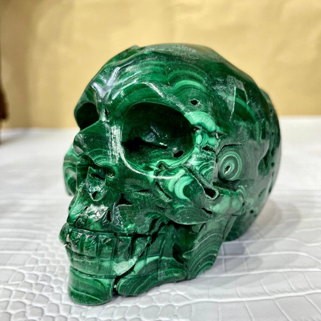 Malachite Crystal Carved Skull with Natural Green Banding