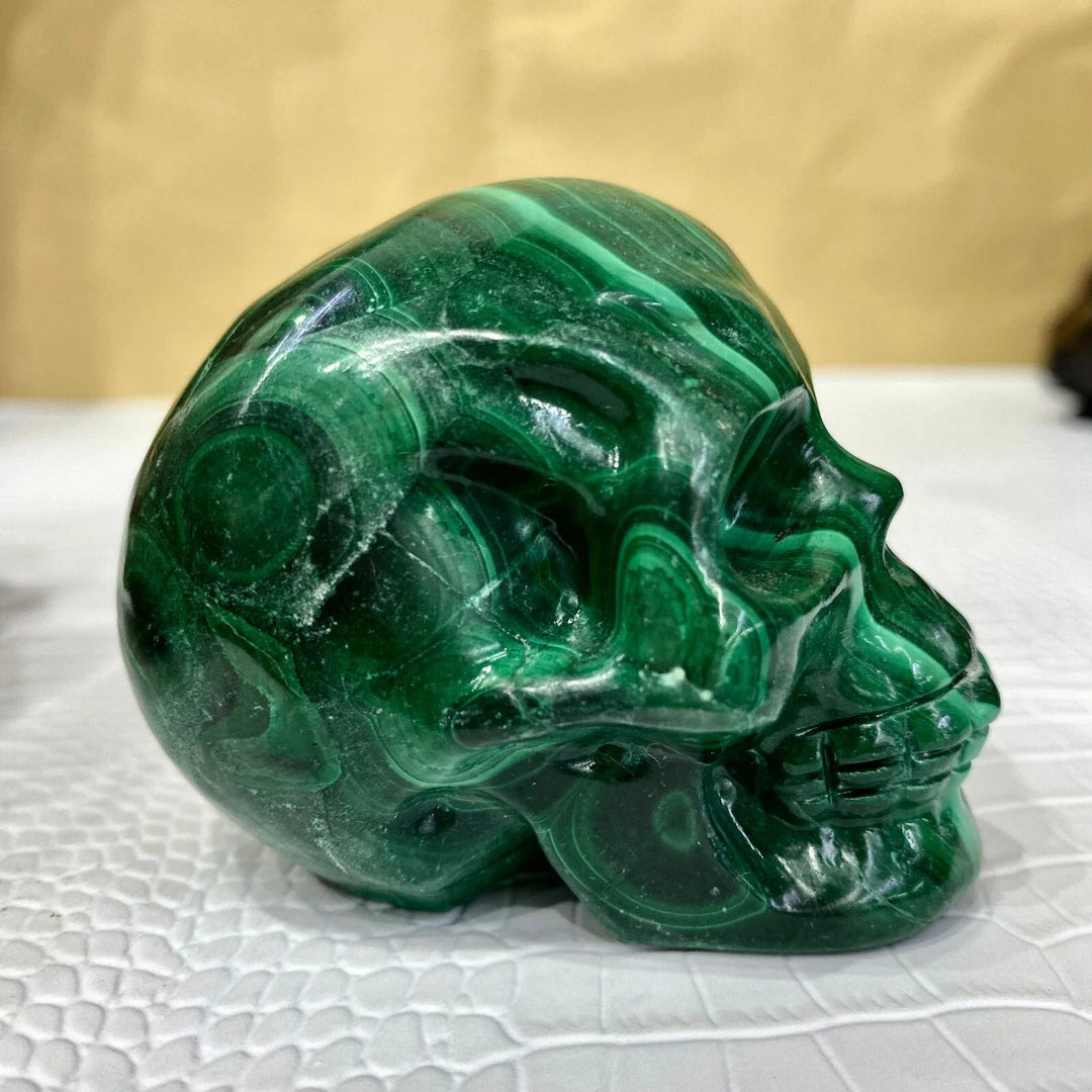 Malachite Crystal Carved Skull with Natural Green Banding