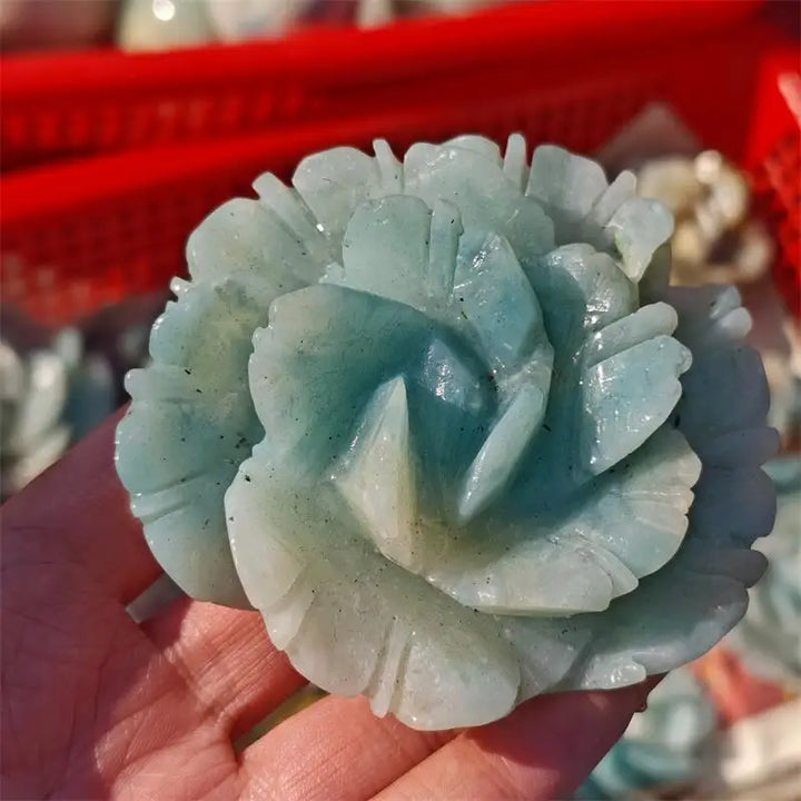 Amazonite Crystal Carved Blooming Flower Sculpture