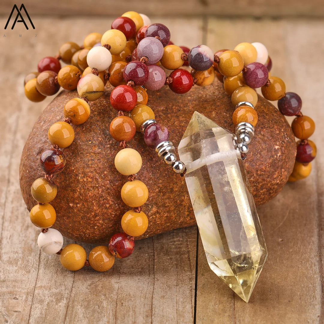 Crystal Quartz, Citrine or Amethyst 108 Mala Bead Pendant Necklace
