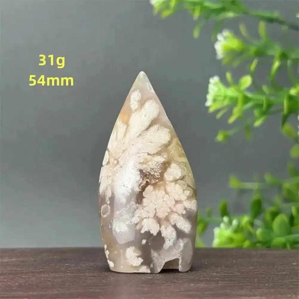Polished Sakura Agate torch freeform with soft pink and white floral patterns, 54mm tall, perfect for heart chakra healing.