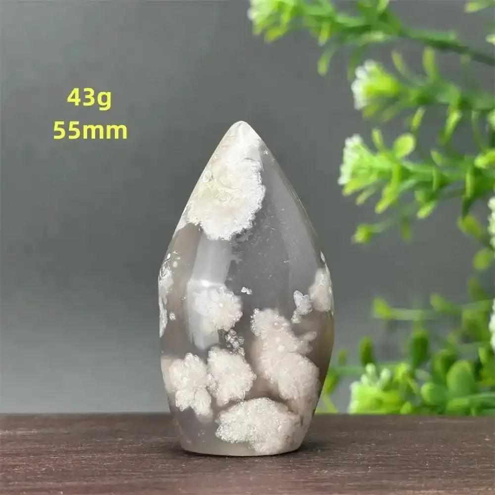 Polished Sakura Agate torch freeform with soft pink cherry blossom patterns, 43g and 55mm, for Heart Chakra healing.