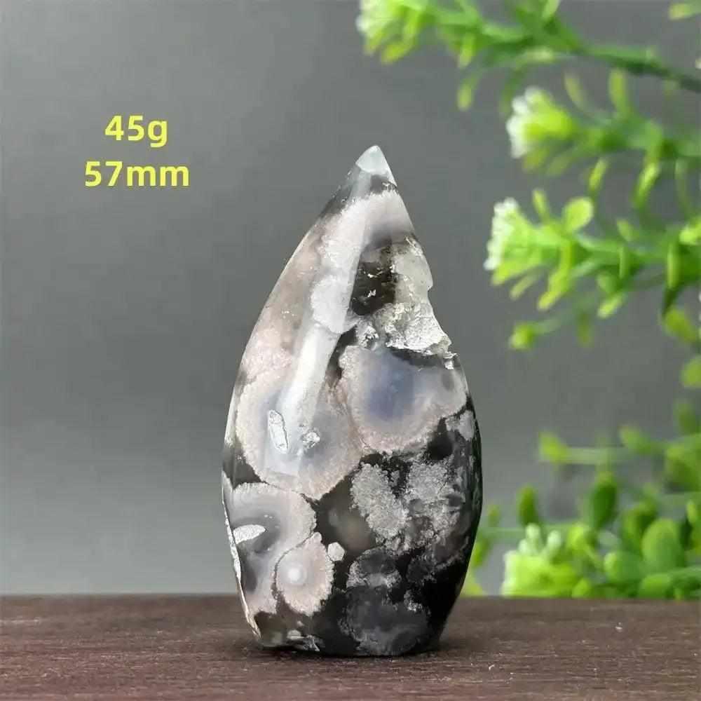 Polished Sakura Agate torch freeform with pink and white floral patterns, 45g, 57mm, for Heart Chakra and emotional renewal.