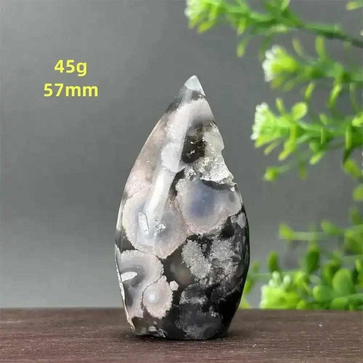 Polished Sakura Agate torch freeform with pink and white floral patterns, 45g, 57mm, for Heart Chakra and emotional renewal.