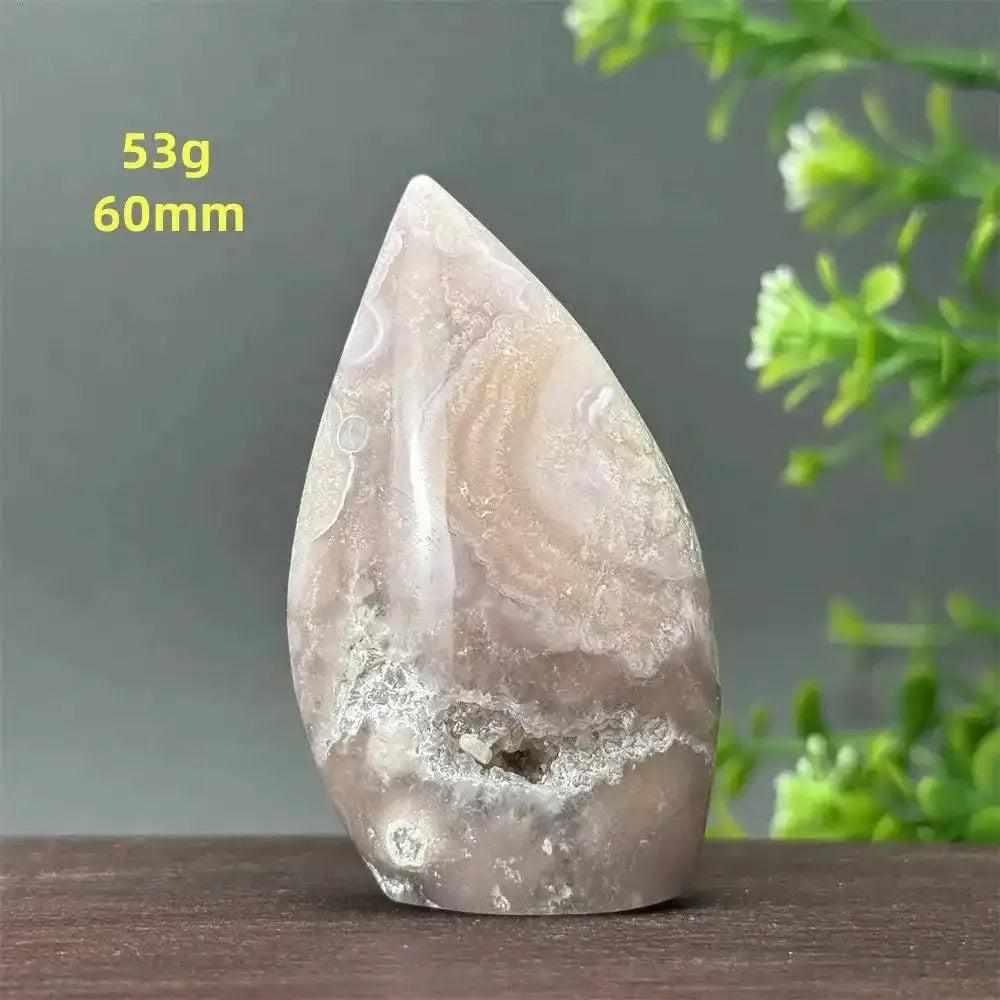 Polished Sakura Agate torch freeform with soft pink cherry blossom patterns, 53g and 60mm, for Heart Chakra healing.