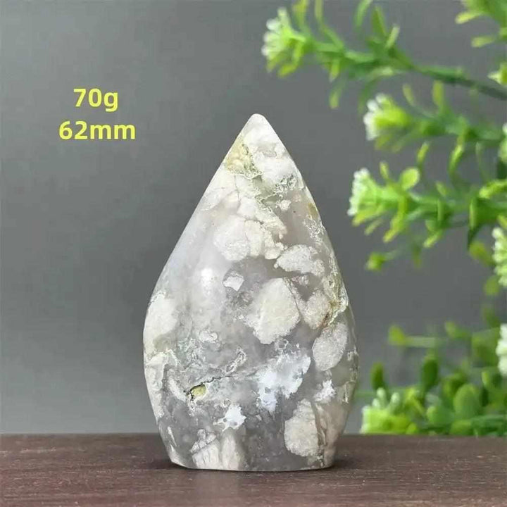 Polished Sakura Agate torch freeform with soft pink and white floral patterns for Heart Chakra healing and emotional renewal.