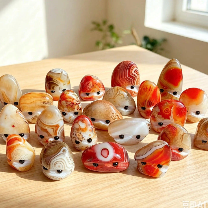 Hand-polished natural sardonyx hedgehog crystals with banded patterns, perfect as healing pocket stones or cute desk decor.
