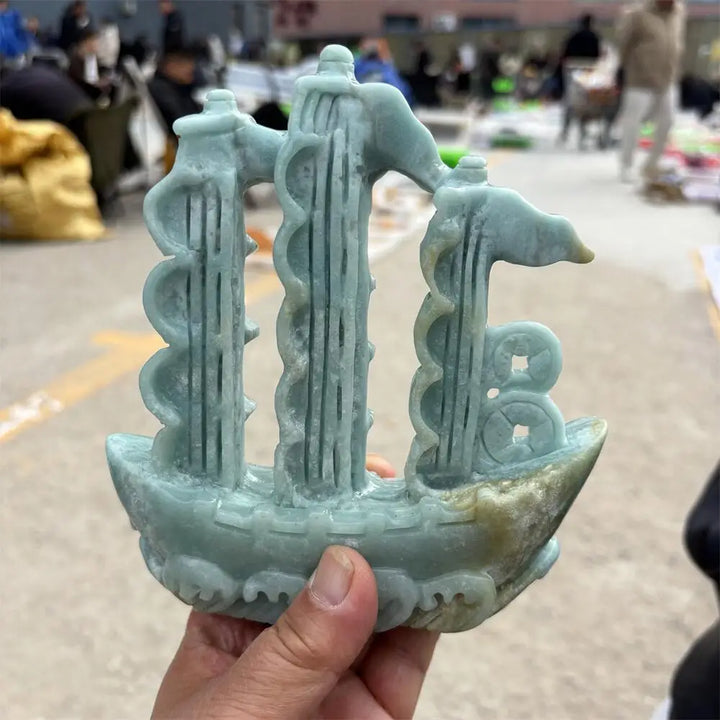 Green Jade Crystal Carved Sailboat Statue For Prosperity