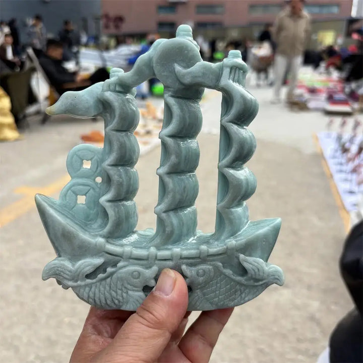 Green Jade Crystal Carved Sailboat Statue For Prosperity