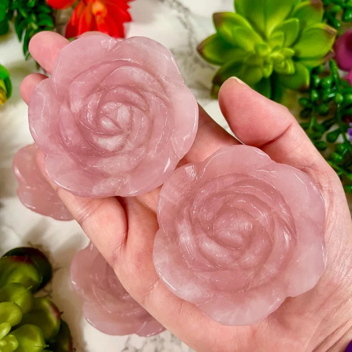 Rose Quartz Crystal Carved Peony Flower Sculptures
