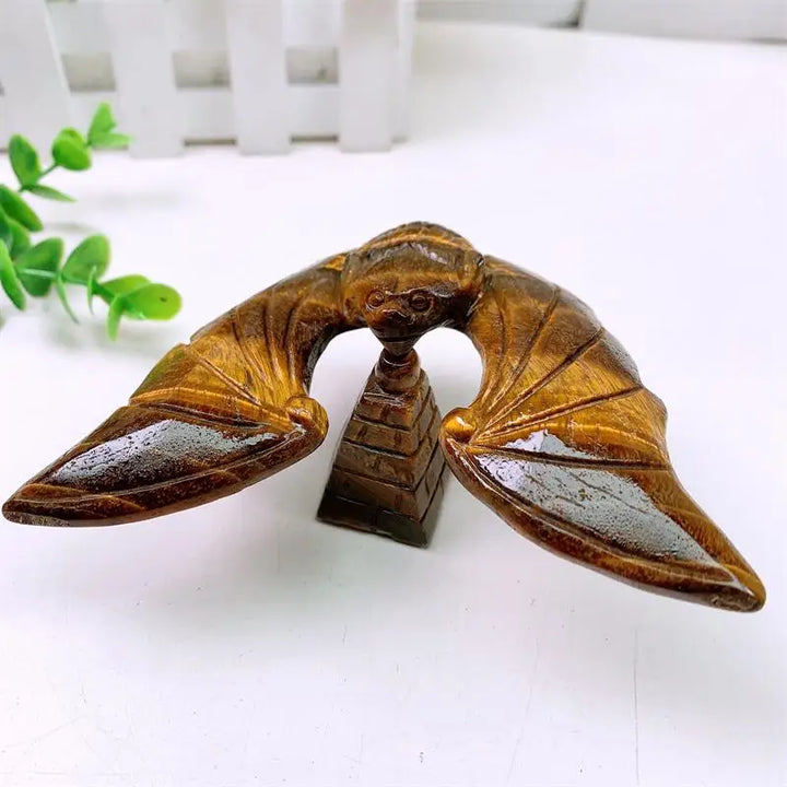 Tiger Eye Crystal Carved Spinning Bat with Pyramid Sculpture
