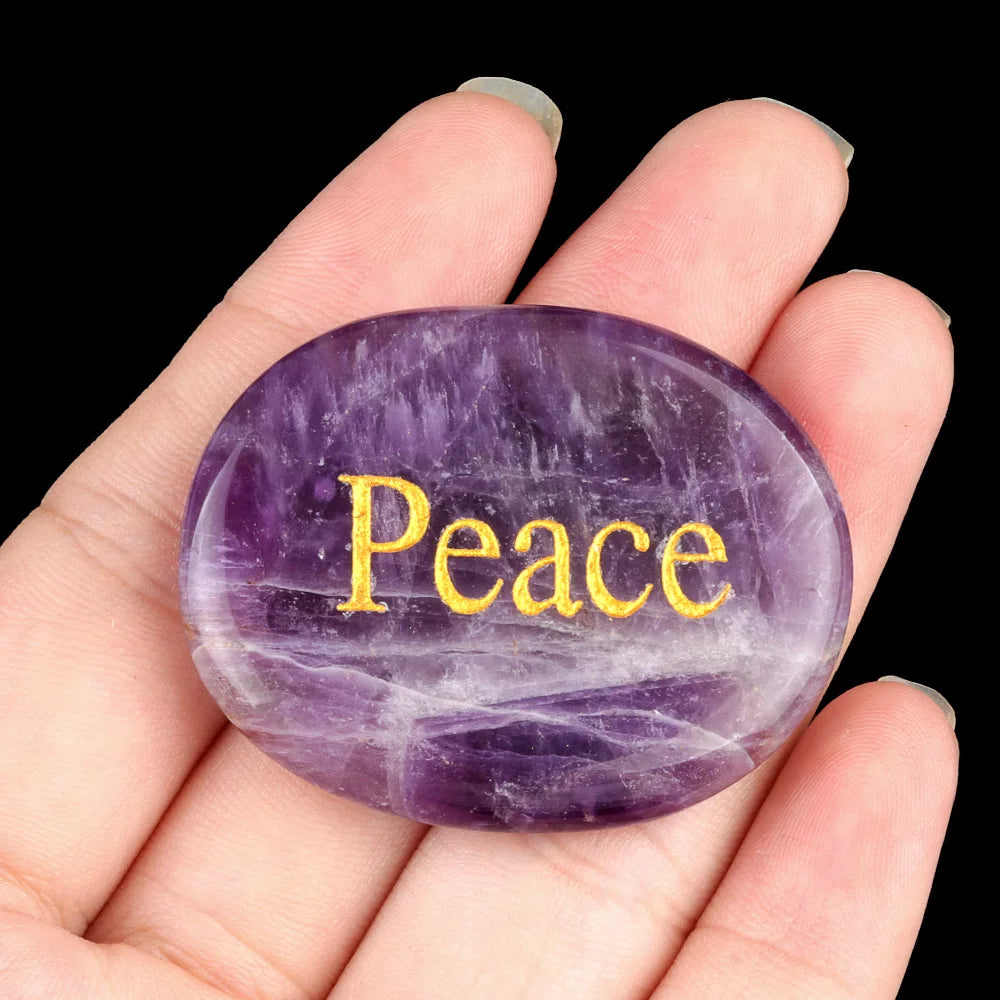 Natural Crystal Engraved Oval Inspirational Word Palm Stone