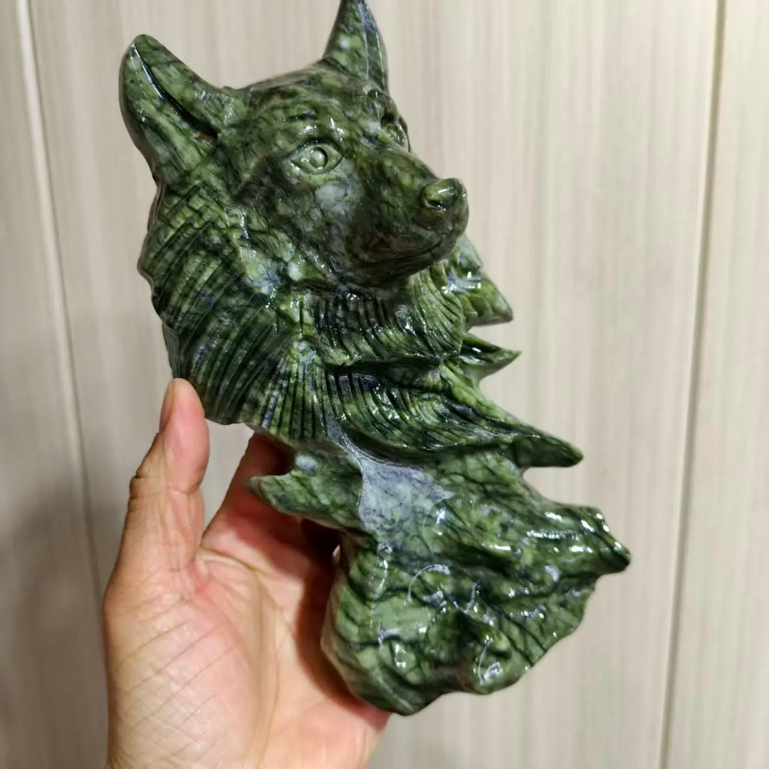 Serpentine Crystal Carved Wolf Head Collector Piece