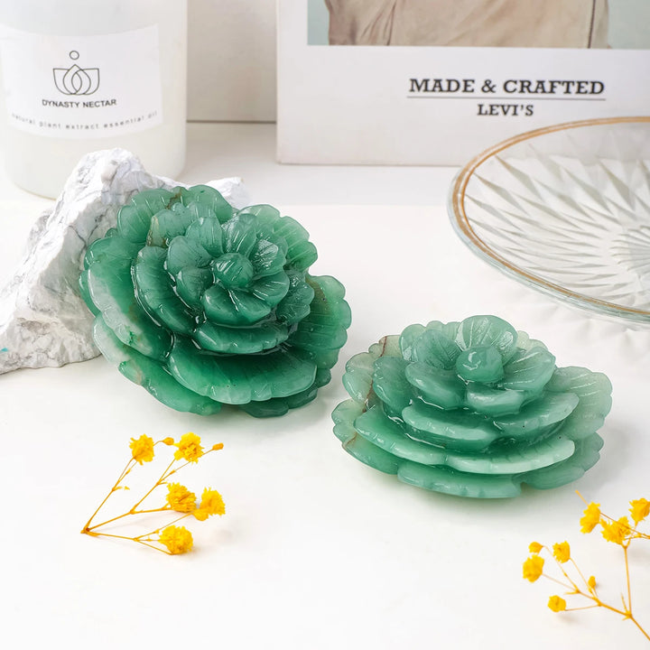 Green Aventurine Crystal Carved Peony Flower