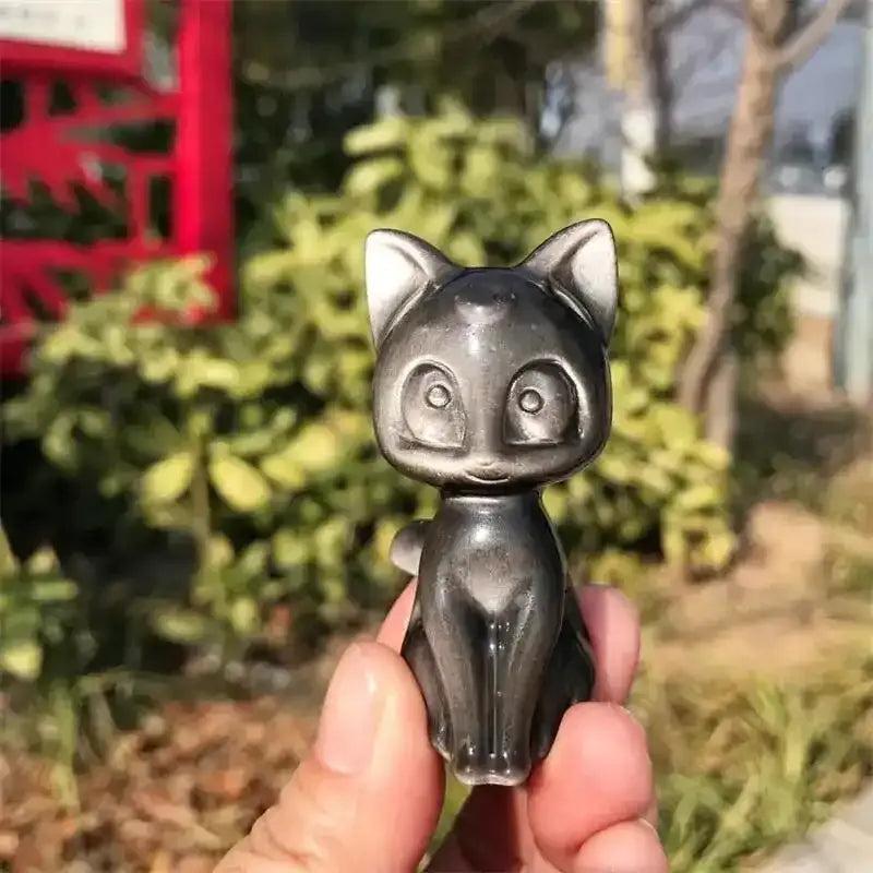 Silver Obsidian Cat Carving