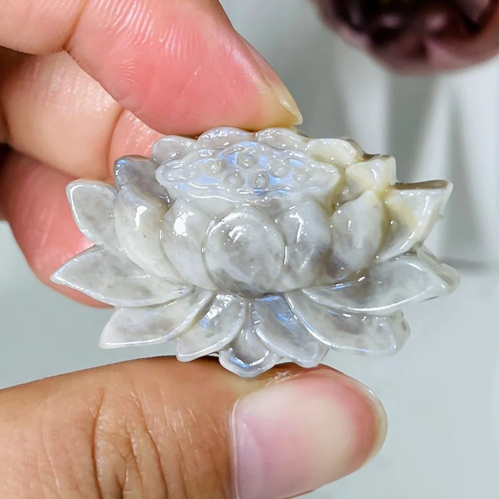 Moonstone and Labradorite Crystal Carved Lotus Flower