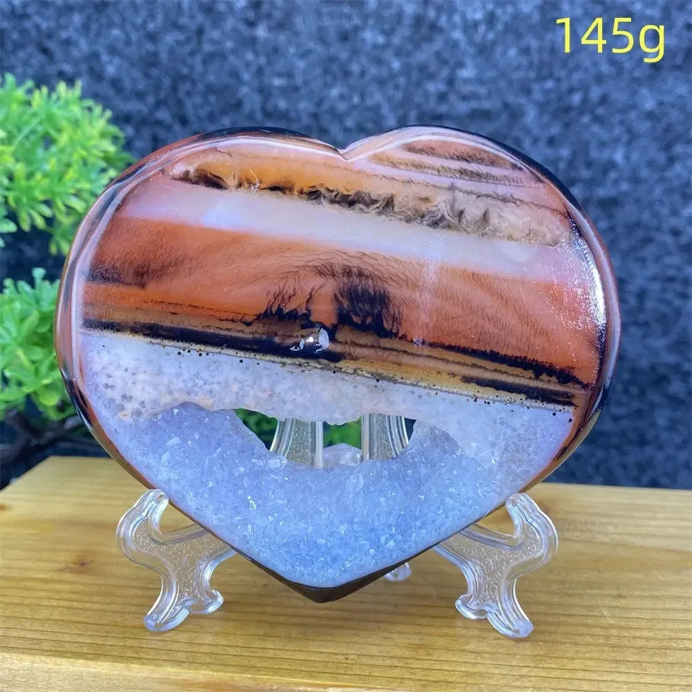 Heart-shaped red and black agate crystal geode with sparkling white druzy, weighing 145g.