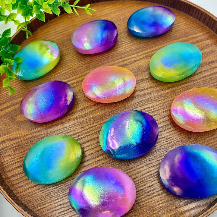 Aura Selenite Crystal Palm Stone Iridescent Rainbow