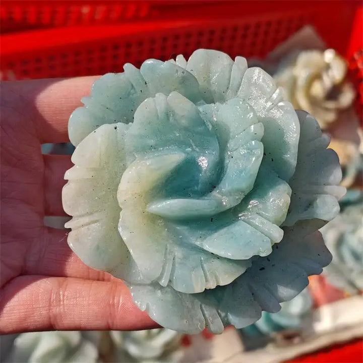 Amazonite Crystal Carved Blooming Flower Sculpture